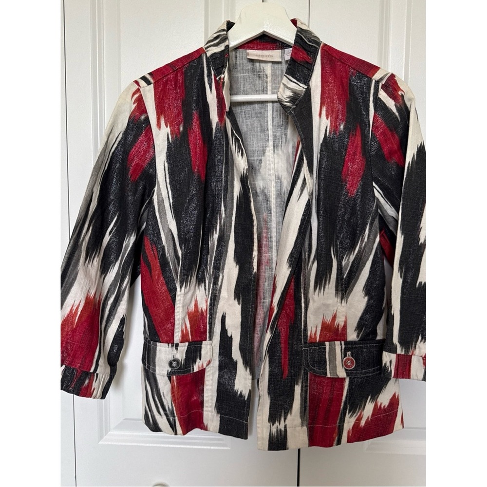 Chicos Linen Cotton 3/4 Sleeve Blazer Brushstroke Design with Silver Threading S